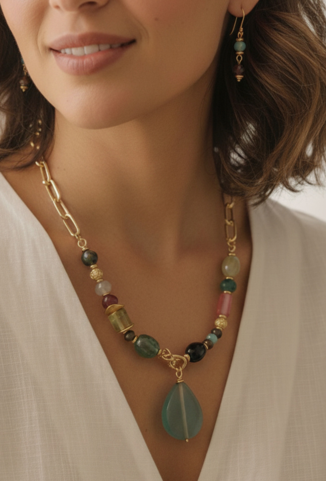Gold and Sea Agate set