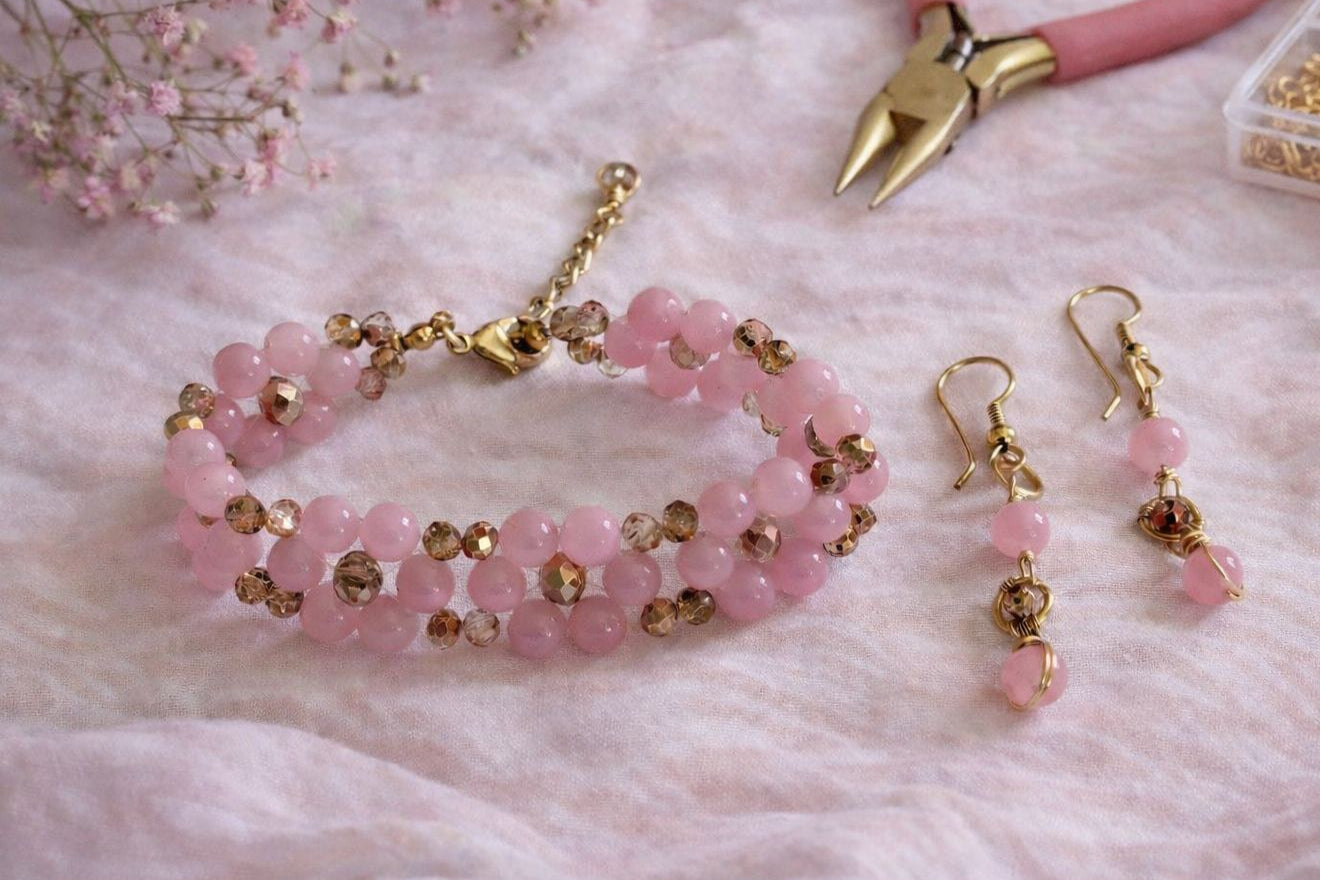 Rose Agate & Crystal Bracelet Set