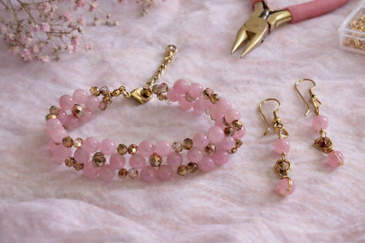 Rose Agate & Crystal Bracelet Set